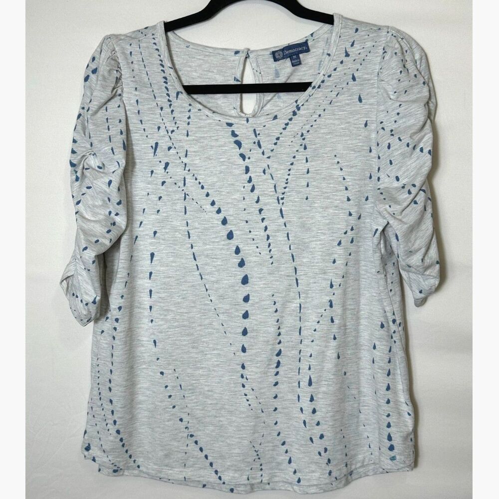 Women's Democracy Ruched 3/4 Sleeve Dot Print Knit Scoop Neck Shirt Size M